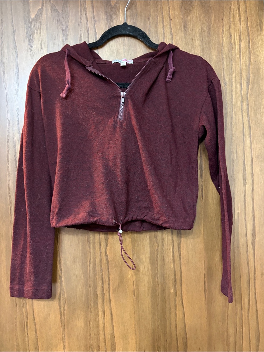 Inspired Hearts Cropped Half-Zip Hoodie in Burgundy